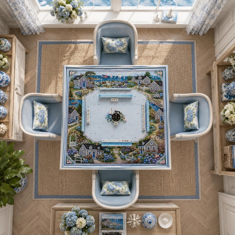 Puede incluir: Una mesa de mahjong cuadrada con una superficie azul claro que muestra una ilustraci&oacute;n de un pueblo costero, rodeada por cuatro sillas tapizadas en azul claro con cojines florales, sobre una alfombra tejida en una habitaci&oacute;n decorada.