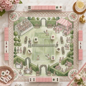 May include: A mahjong set featuring a square play mat with a green tennis court illustration, surrounded by pink and green garden scenes with rabbits. Includes four clear acrylic tile racks, pink and white tiles with Chinese characters, and dice.