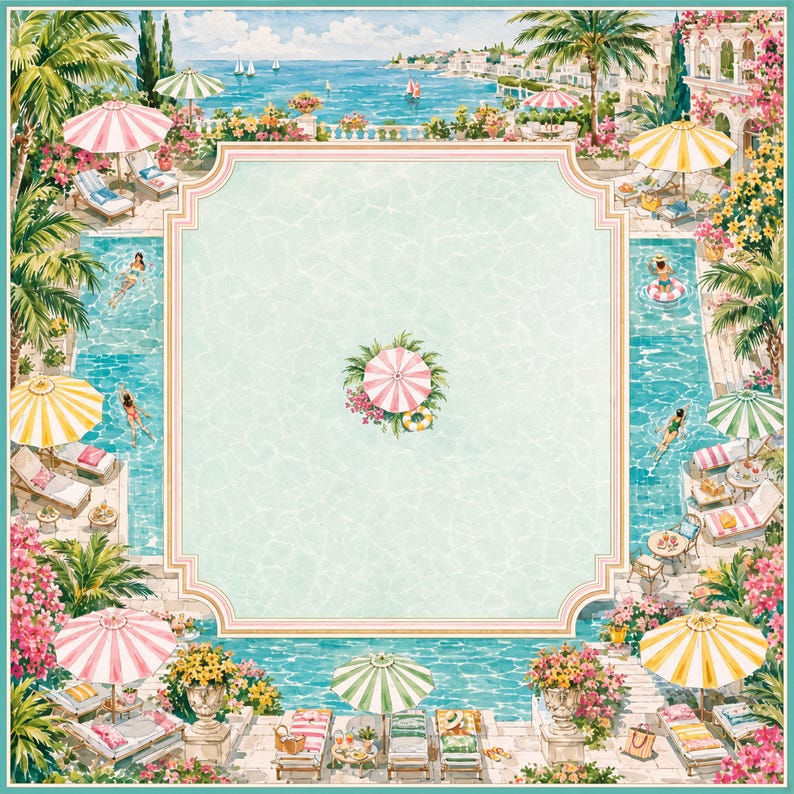 May include: A square silk scarf featuring a vibrant illustration of a swimming pool surrounded by lounge chairs, striped umbrellas, palm trees, and blooming flowers. The center displays a light blue water pattern with a small pink umbrella motif.