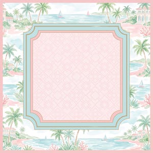 May include: A square decorative frame featuring a central light pink panel with a geometric diamond pattern, bordered by a light blue and pink scalloped edge. The background displays a watercolor coastal scene with palm trees and sailboats.