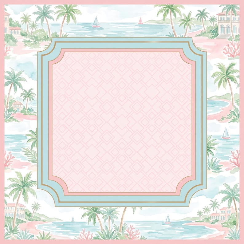 May include: A square decorative frame featuring a central light pink panel with a geometric diamond pattern, bordered by a light blue and pink scalloped edge. The background displays a watercolor coastal scene with palm trees and sailboats.