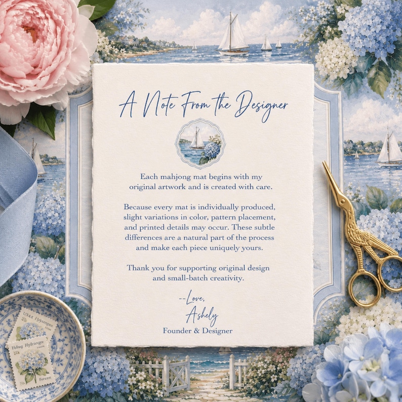 Puede incluir: Una tarjeta rectangular con bordes irregulares que presenta el texto A Note From The Designer en letra azul. La tarjeta incluye una ilustraci&oacute;n circular de un velero y hortensias azules, seguida de texto impreso sobre la producci&oacute;n de tapetes.