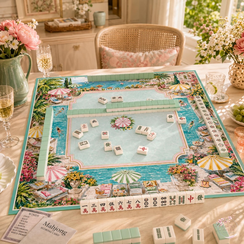 May include: A Mahjong game set featuring a rectangular board with a pool-side resort illustration, light green tiles with Chinese characters and symbols, and a printed scoring card. The board displays colorful umbrellas, lounge chairs, and floral accents.
