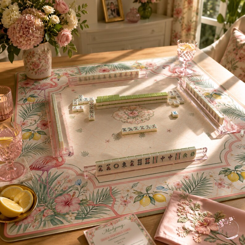 May include: A square mahjong mat featuring a pink flamingo, lemon, and hibiscus floral pattern. The mat holds four clear acrylic tile racks and a set of ivory-colored mahjong tiles with green backs. A small bowl of lemon slices sits nearby.
