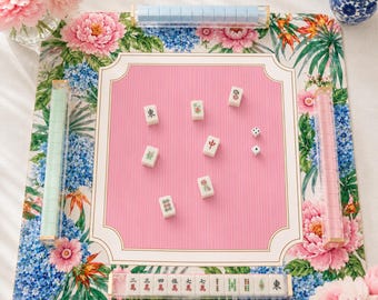 Palm Beach Garden Mahjong Mat, Custom Monogram Neoprene Mat, Blue Hydrangea Peony Floral Game Mat, Personalized Mahjong Gift