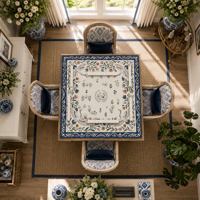 Puede incluir: Una mesa de juego cuadrada de madera con una superficie color crema que presenta un motivo central de grulla, rodeado de patrones florales y bordes azules. Cuatro sillas de tela estampada con cojines azul marino rodean la mesa.