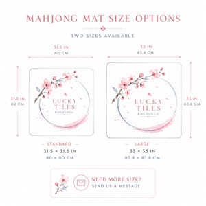 May include: A Mahjong mat size guide displaying two square options with cherry blossom graphics and the text Lucky Tiles Boutique. The standard size is 31.5 x 31.5 inches and the large size is 33 x 33 inches. A message icon prompts for custom sizes.