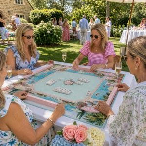 May include: A square mahjong game set featuring a light blue playing surface with a floral center design and pink tile racks. The game board displays a colorful illustration of a coastal scene with palm trees, umbrellas, and beach chairs.