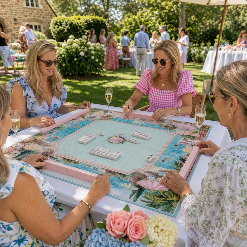 May include: A square mahjong game set featuring a light blue playing surface with a floral center design and pink tile racks. The game board displays a colorful illustration of a coastal scene with palm trees, umbrellas, and beach chairs.