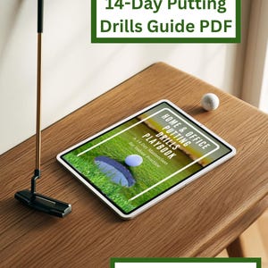 Peut inclure: Une tablette affichant un guide numérique intitulé Home & Office Putting Drills Playbook: A 14 Day Masterclass for Indoor Practice, accompagné d'un putter et d'une balle de golf blanche. Le texte 14-Day Putting Drills Guide PDF et Instant Download! apparaît.