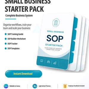 Op de afbeelding: Een digitaal startpakket voor kleine bedrijven met een witte en blauwgroene map met tabbladen. De tekst bevat Small Business Starter Pack, Complete Business System, SOP Training Guide, SOP Builder Worksheet, SOP Tracker en SOP Templates.