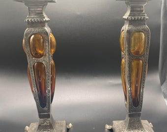 Set of 2 Vintage Indian Silver Tone and Amber Glass Candlesticks