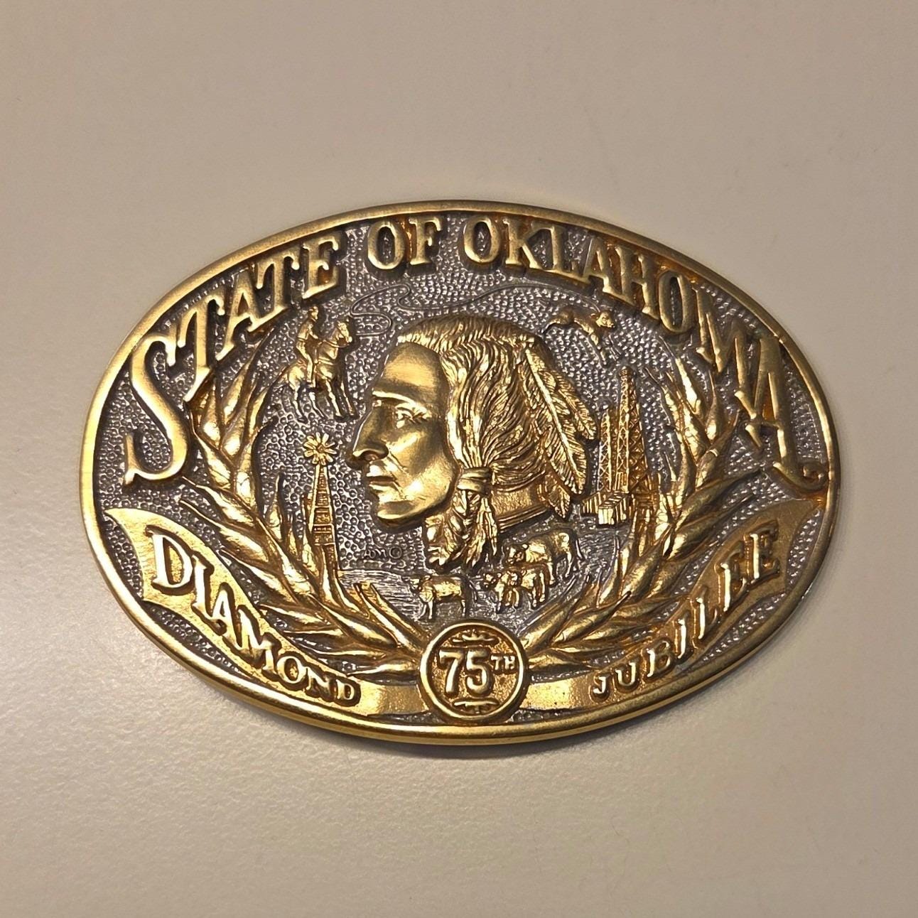 State of Oklahoma Diamond 75th Jubilee Belt Buckle 24K GP  display picture 1