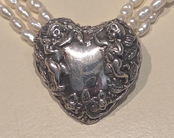 Vintage Sterling Silver Heart Cherub Multi Strand Freshwater Pearl Necklace