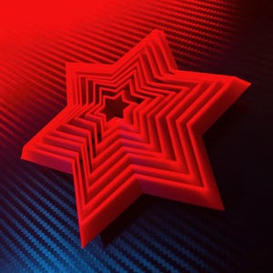May include: A bright red, multi-layered star-shaped object featuring a series of concentric, nested star outlines that decrease in size toward the center, creating a stepped, three-dimensional effect with sharp, defined geometric points.
