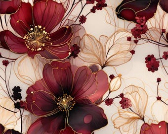 Burgundy Red Floral Fabric, Gold Line Off White Base Sewing Fabric, Dressmaking Wedding DIY Crafts, 100% Cotton Fabric, Sold By Half Yard