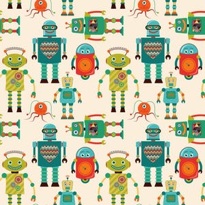 Tissu robot, tissu dessin animé extraterrestre bot multi-styles, barboteuse et coussin pour tout-petits, tissu 100 % coton, vendu par mètre et demi