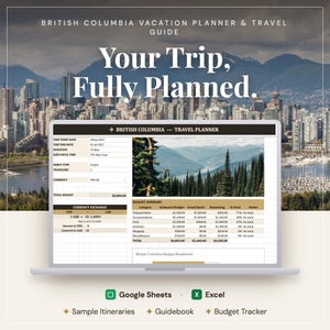 Può includere: Un pianificatore di vacanze e guida di viaggio digitale per la Columbia Britannica visualizzato su uno schermo di un portatile. L'interfaccia include un riepilogo del viaggio, un tracker del budget e una tabella di cambio valuta. Compatibile con Google Sheets ed Excel.