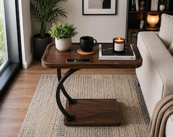 C Shaped End Table for Sofa Couch Side Table Slide Under Tray Table Small Space Laptop Table Living Room Furniture