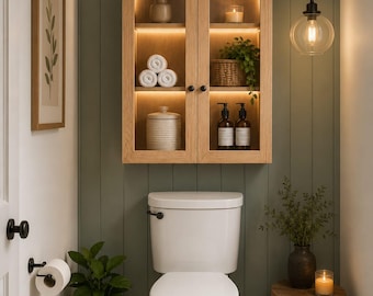 Arched Bathroom Wall Cabinet with Glass Doors, Over Toilet Storage Cabinet with Adjustable Shelves, Farmhouse Wall Mounted Organizer