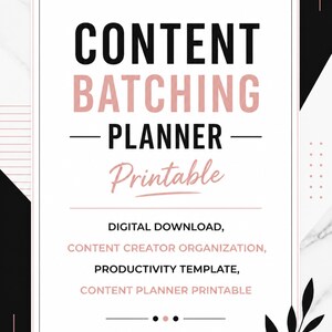 Puede incluir: Un planificador de contenido imprimible digital con texto en negro y rosa pálido sobre un fondo blanco con detalles de mármol. El texto dice: CONTENT BATCHING PLANNER Printable, DIGITAL DOWNLOAD, CONTENT CREATOR ORGANIZATION, PRODUCTIVITY TEMPLATE, CONTENT PLANNER PRINTABLE.