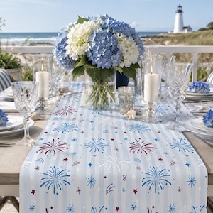 Patriotic Fireworks Table Runner, 4th of July Table Decor, Dusty Blue & Crimson Americana, Summer Dining Linens  | Cotton Twill, Polyester