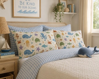 Seaside Scribbles Pillowcase | Nautical Ocean Pattern Microfiber