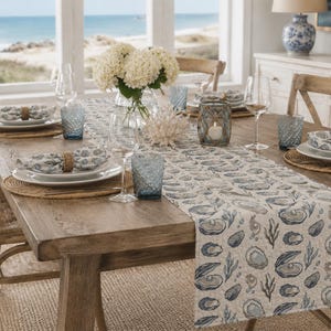 Quilted Oyster Table Runner, Coastal Dining Room Decor, Blue Shell Table Runner, Beach House Table Linens, Nautical Table Runner