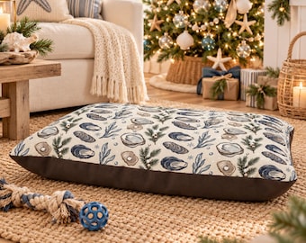 Coastal Dog Bed with Removable Washable Cover, Oyster Shell Pet Bed, Christmas Dog Bed, Nautical Cottage Decor