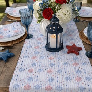 Patriotic Fireworks Table Runner, 4th of July Table Decor, Dusty Blue & Crimson Americana, Summer Dining Linens  | Cotton Polyester Blend