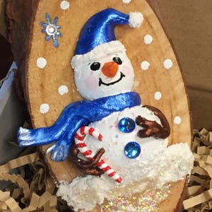Snowman Miniature Bottle Wood Slice Ornament