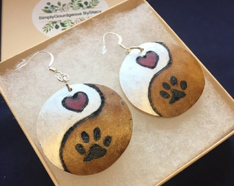 Yin Yang Heart Paw Print Dog Lover Gourd Shell Earrings