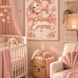 Personalized Bunny Name Poster Custom Initial Nursery Wall Art Pink Floral Girls Room Decor Baby Girl Giftpe