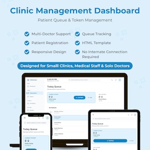 May include: A digital Clinic Management Dashboard interface displayed on a laptop, tablet, and smartphone. The screen shows a patient queue, token management, multi-doctor support, patient registration, responsive design, and HTML template features.