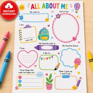 May include: A white All About Me activity sheet featuring colorful illustrations of a backpack, hot air balloon, ice cream cone, and potted plant. The page includes blank spaces for writing personal details, framed by pink, blue, and yellow borders.
