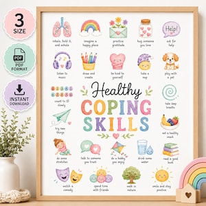以下が含まれることがあります： Healthy COPING SKILLSというタイトルの額入り教育ポスター。呼吸、描画、読書などの活動を描いたカラフルな水彩画のイラストが特徴です。各アイコンには、inhale, hold it, and exhale、listen to music、count to 10 slowlyなどのテキスト指示が含まれており、メンタルヘルスを促進します。