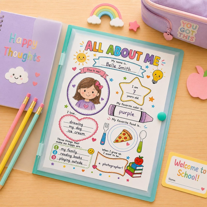 An all about me worksheet placed in a turquoise folder on a wooden desk among a pastel notebook and rainbow themed pencil case. This instant download kids activity book page is designed for preschool learning or toddler busy book binders. Displaying fields for favorite things and name, it works wonderfully as printable worksheets or educational printables. This cute classroom setup serves as an engaging first day of school activity sheet for young children entering their first kindergarten year.