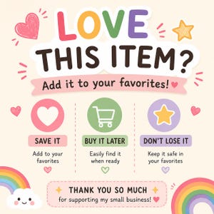 A charming love this item favorites banner tailored for a digital download store specializing in a kids activity book. Adorned with pastel hearts and a rainbow, it encourages buyers to save resources for preschool learning and toddler busy book tasks. Perfect for tracking printable worksheets or educational printables, the layout is clean and friendly. It serves as a helpful reminder when a customer saves an all about me worksheet or a first day of school activity print for a young toddler.