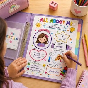 An all about me worksheet inside a purple student portfolio binder as a creative girl fills it out using a purple colored pencil. This kids activity book page sits on a wooden table with a rainbow pencil case, ideal for preschool learning and toddler busy book tasks. The colorful template features sections for name, age, and hobbies, making it perfect as printable worksheets or educational printables. It serves as an engaging first day of school activity to track early childhood milestone growth