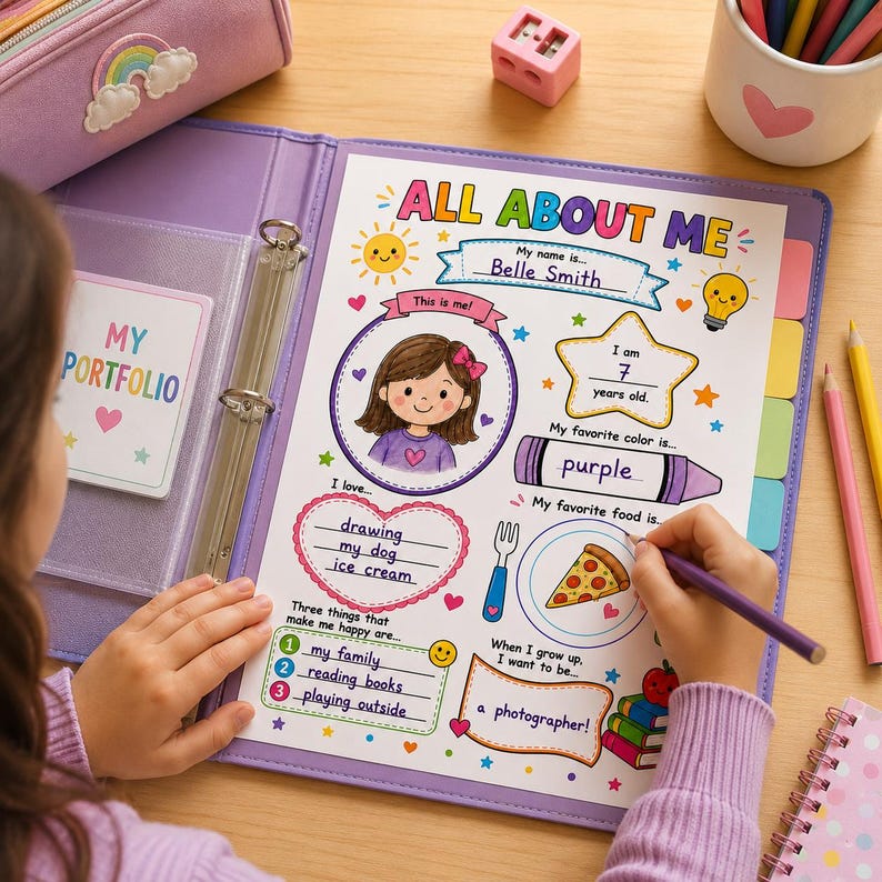 An all about me worksheet inside a purple student portfolio binder as a creative girl fills it out using a purple colored pencil. This kids activity book page sits on a wooden table with a rainbow pencil case, ideal for preschool learning and toddler busy book tasks. The colorful template features sections for name, age, and hobbies, making it perfect as printable worksheets or educational printables. It serves as an engaging first day of school activity to track early childhood milestone growth