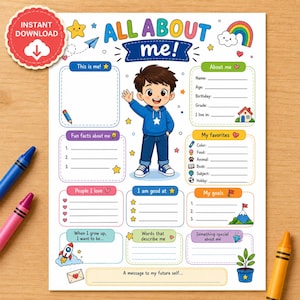 May include: A printable All About Me worksheet featuring a cartoon character in a blue hoodie and jeans. The page includes sections for personal details, favorites, goals, and fun facts, decorated with colorful icons like a rainbow, rocket, and house.