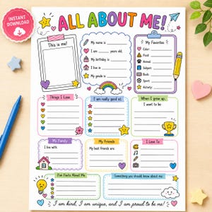 May include: A colorful All About Me worksheet featuring sections for personal details, favorites, family, friends, and fun facts. The page includes illustrations of a rainbow, stars, hearts, a trophy, and a lightbulb, with blank lines for writing.