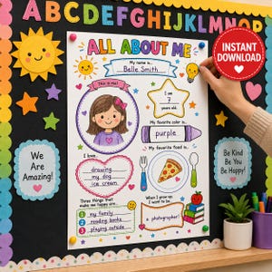 An all about me worksheet displayed on a classroom bulletin board with an instant download badge. A hand adjusts the poster, showcasing a colorful preschool learning setup surrounded by alphabet letters and motivational signs. This kids activity book template features fields for a drawing, name, and age, making it perfect for a toddler busy book project. Ideal as printable worksheets or educational printables, it serves as an excellent first day of school activity for kindergarten classes.