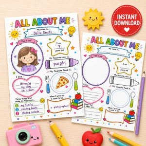 An all about me worksheet mockup showing filled and blank templates on a wooden desk with a toy camera. This instant download kids activity book page is perfect for preschool learning and toddler busy book crafts. It features prompts for a child's name, age, and favorite food such as pizza, making it ideal as printable worksheets or educational printables. Great as a first day of school activity for kindergarten, this colorful poster helps children share their favorite hobbies and future dreams.