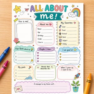 May include: A white paper activity sheet titled ALL ABOUT me! featuring colorful sections for personal details, favorites, fun facts, goals, and a message to a future self. The page is decorated with illustrations of a star, rainbow, and rocket.