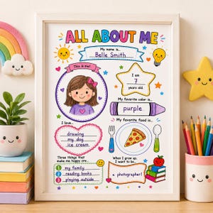 An all about me worksheet displayed in white photo frame on wooden desk, near a smiling pencil holder and bright stacked books. This instant download kids activity book page is perfect for preschool learning and toddler busy book crafts. It shows completed template with a child's drawing, name, and favorite food, making it ideal as printable worksheets or educational printables. This bright poster serves as an excellent first day of school activity for young elementary or kindergarten children.