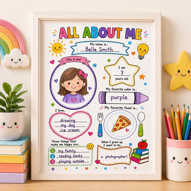 An all about me worksheet displayed in white photo frame on wooden desk, near a smiling pencil holder and bright stacked books. This instant download kids activity book page is perfect for preschool learning and toddler busy book crafts. It shows completed template with a child's drawing, name, and favorite food, making it ideal as printable worksheets or educational printables. This bright poster serves as an excellent first day of school activity for young elementary or kindergarten children.