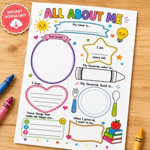 Scheda "Tutto su di me" stampabile / Attività per la classe per il ritorno a scuola / Scuola dell'infanzia / Conosciamoci meglio / PDF per il primo giorno
