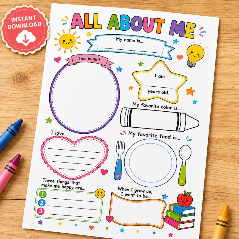 An all about me worksheet mockup for an instant download kids activity book. The page is set on a wooden desk with crayons, perfect for preschool learning and toddler busy book tasks. It has blank spaces for name, age, favorite color, and food, ideal as printable worksheets or educational printables for a first day of school activity.