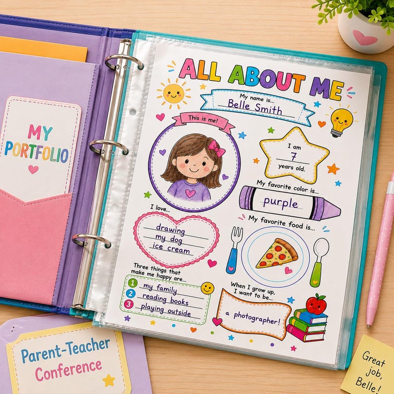 An all about me worksheet displayed inside clear sleeve of student portfolio binder. The filled-out page sits on a wooden desk next to parent-teacher conference folder and a bright pink pen. Ideal as a kids activity book layout, this preschool learning template features areas for the child's name, age, and favorite food. Perfect as printable worksheets or educational printables, it serves as an excellent first day of school activity or a toddler busy book keepsake to track early childhood growth
